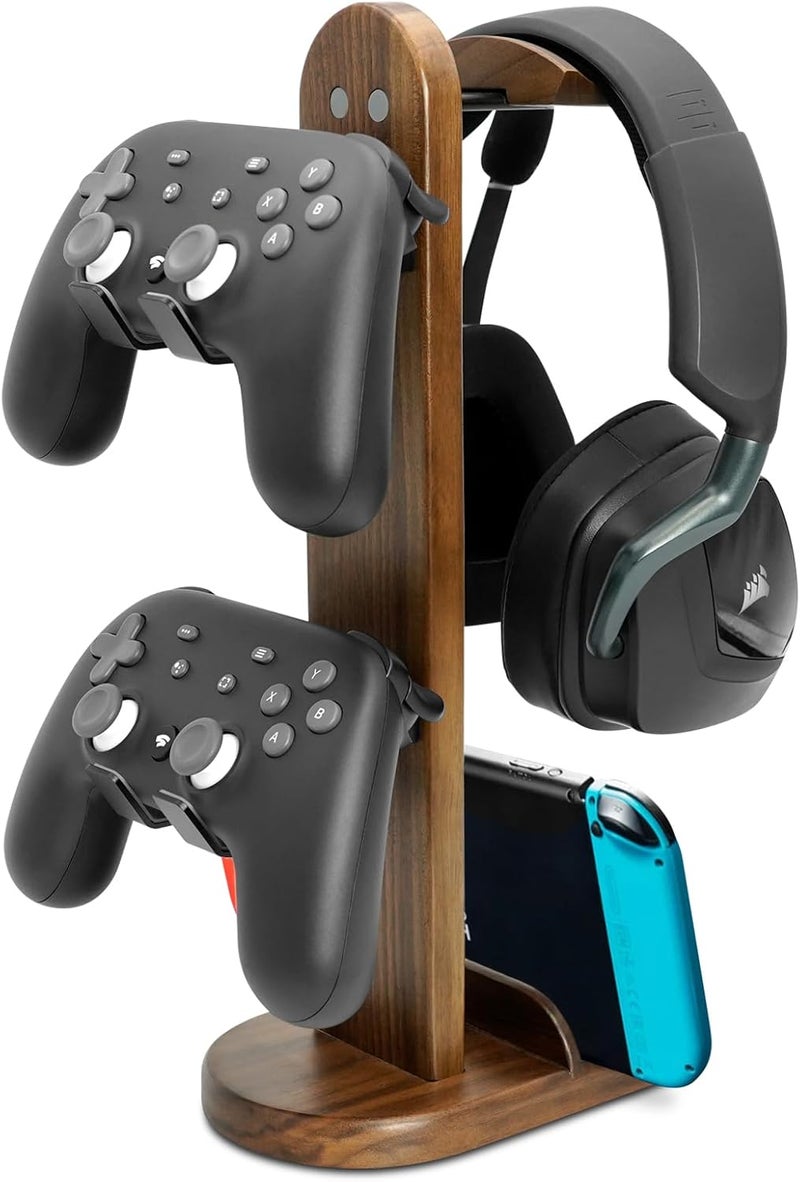 GEVO Controller Holder with Headphone Stand - Wood Gaming Controller Stand for Xbox PS5 PS4 Switch Pro, PC Gaming Accessories - Present Idea for Husband, Boyfriend, Gamers, Game Lover, Game Room Decor - Image 1
